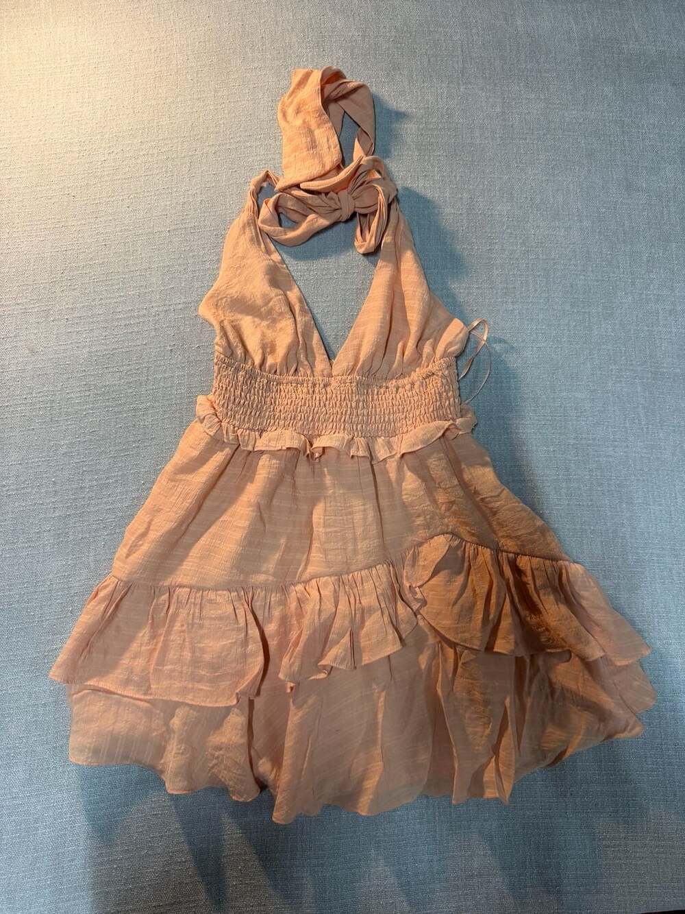 Mustard Seed Peach Smock & Ruffle Halter Mini Dress